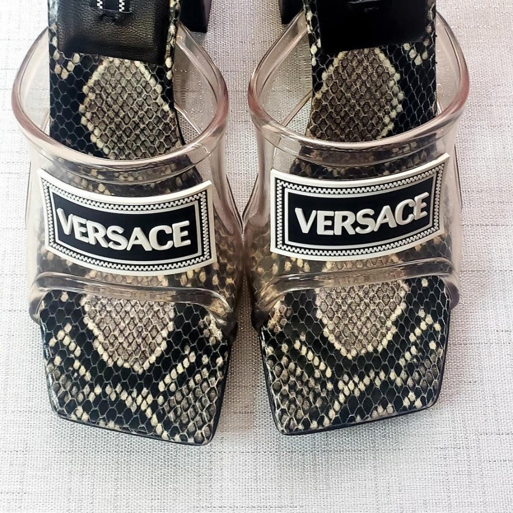Versace Black & Taupe Snakeskin Square-Toe Slide Sandals